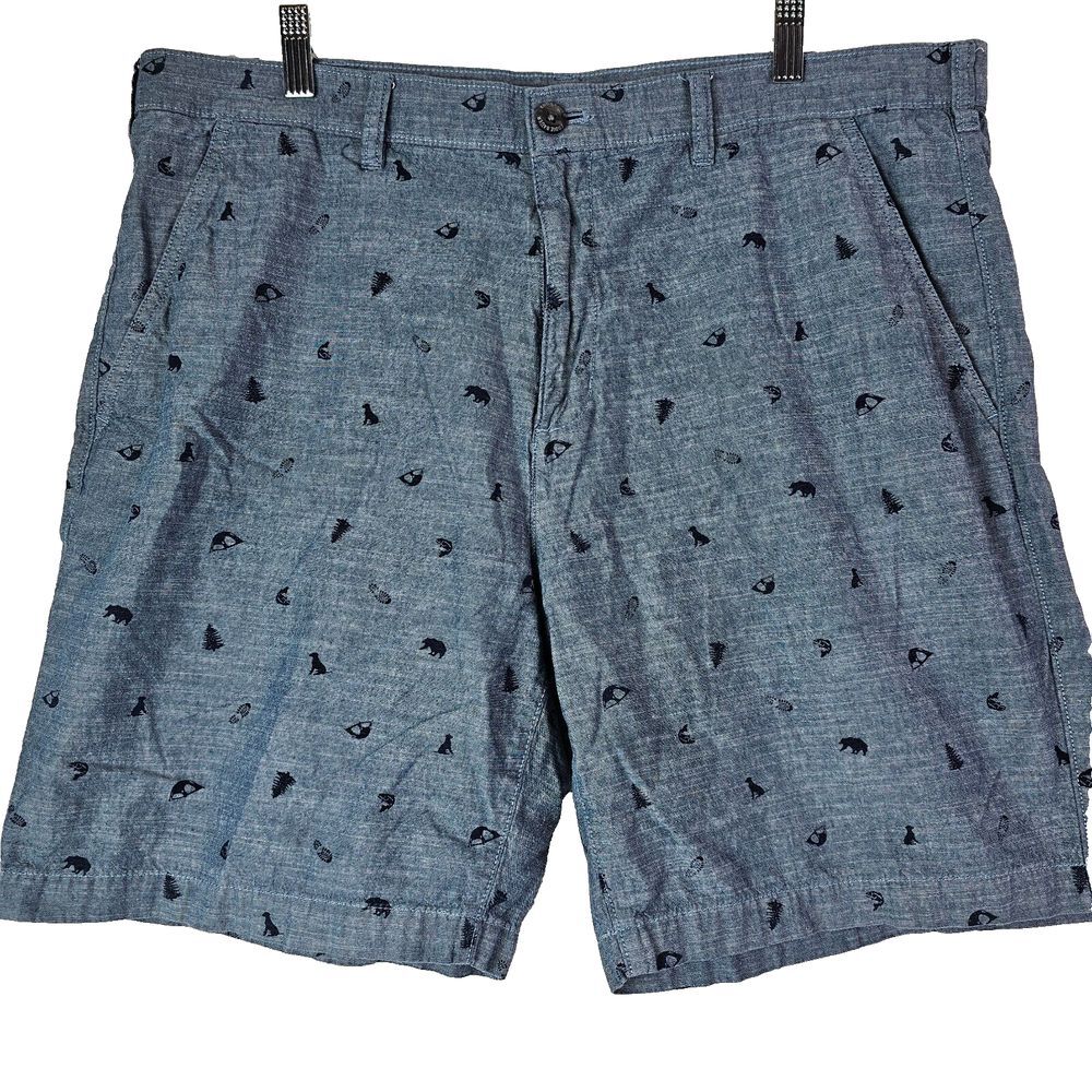 Eddie Bauer Men's Chino Shorts Specially Dyed Blue Camping Dog Print Sz 38
